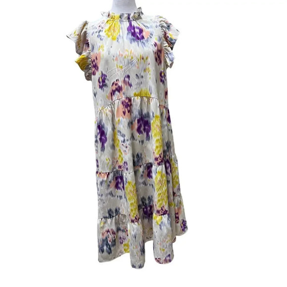 PINCH Polyester Color Splash Tiered Dress Stand Collar Flutter Sleeve Medium - Picture 2 of 10